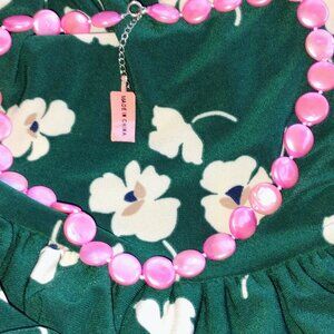 Pink pearl necklace and earrings set in silver tone